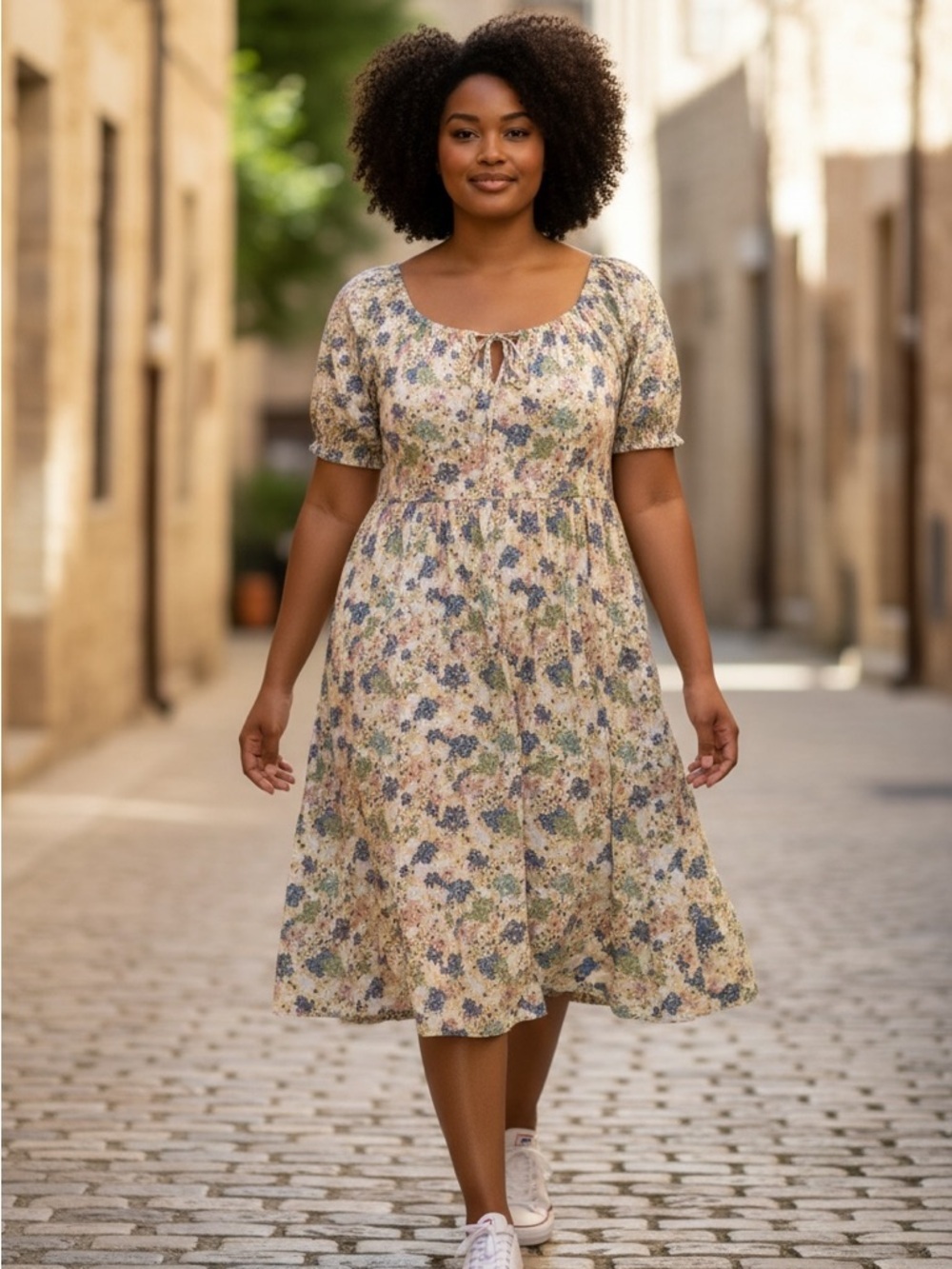 Floral Puff-Sleeve Midi Dress in Cream and Blue